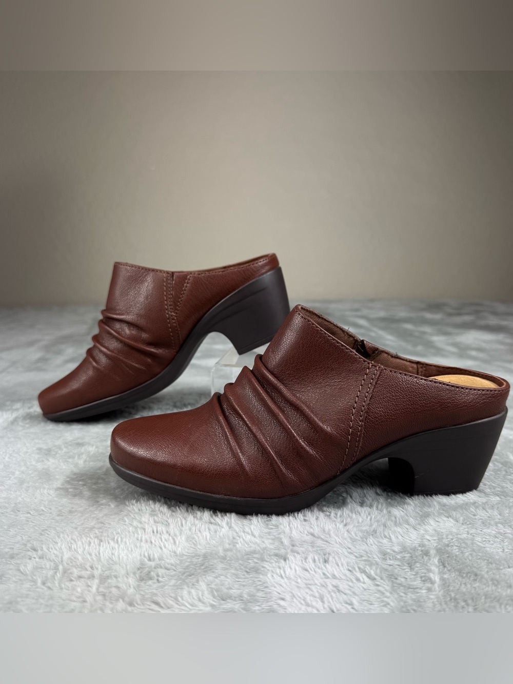 Clarks Collection Ruched Leather Heeled Mules Emily Charm Boho Cottagecore